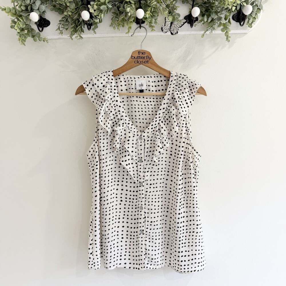 Cabi Polla Dot Ruffle Sleeveless Blouse Medium KD